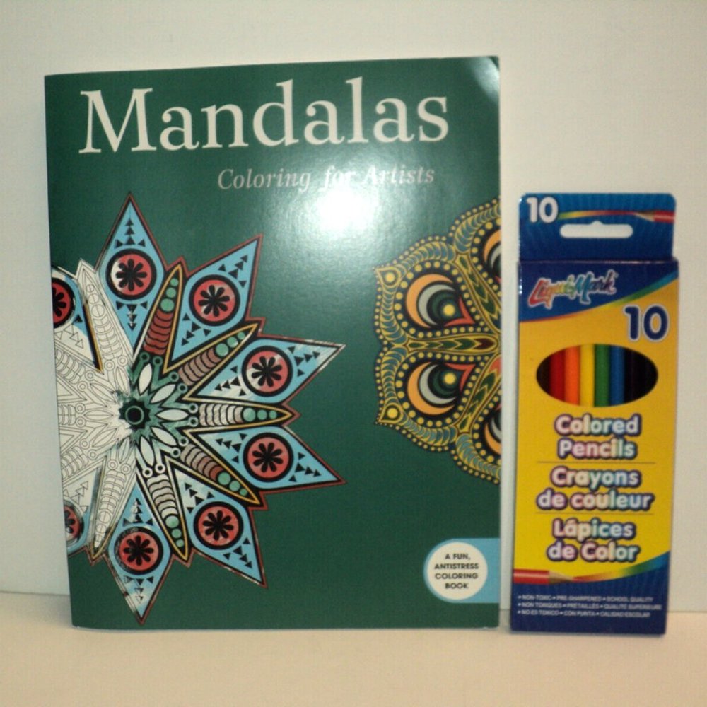 Mandalas Adult Coloring Book & 10 Colored Pencils Activity Calming Designs New